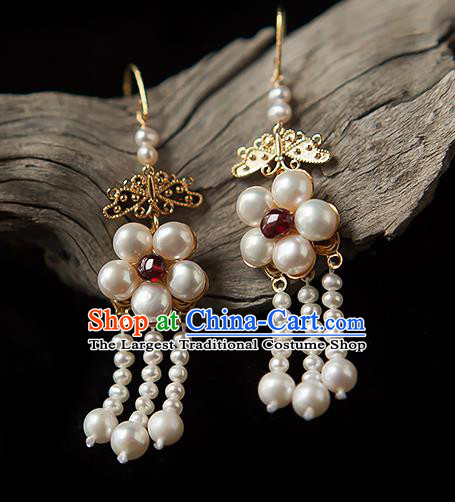 China Traditional Hanfu Pearls Earrings Ancient Ming Dynasty Princess Ruby Ear Jewelry