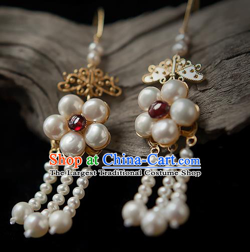 China Traditional Hanfu Pearls Earrings Ancient Ming Dynasty Princess Ruby Ear Jewelry