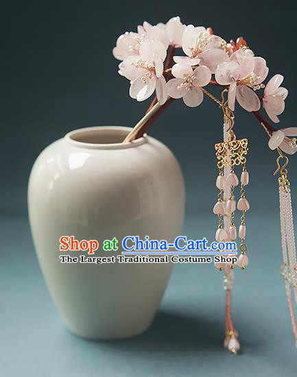 Chinese Handmade Pink Flowers Hair Stick Traditional Tang Dynasty Princess Beads Tassel Hairpin