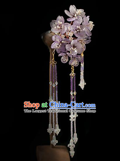 Chinese Handmade Purple Sakura Hair Stick Traditional Tang Dynasty Princess Amethyst Beads Tassel Hairpin