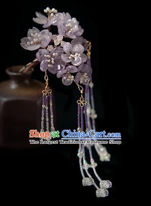 Chinese Handmade Purple Sakura Hair Stick Traditional Tang Dynasty Princess Amethyst Beads Tassel Hairpin