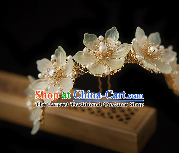 Chinese Handmade Epiphyllum Hair Crown Traditional Ming Dynasty Princess Pearls Hairpin