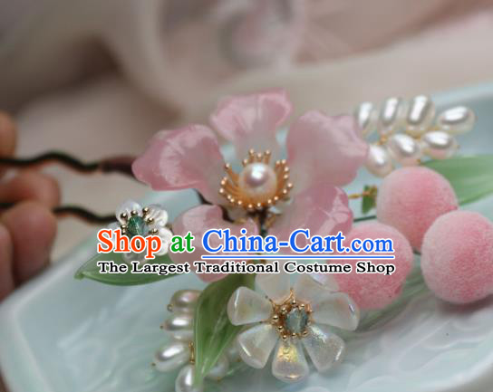 Chinese Handmade Peach Flower Hairpin Traditional Ancient Princess Pearls Hair Stick