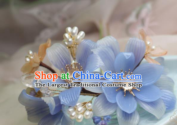 Chinese Handmade Shell Pearls Hairpin Traditional Ancient Princess Blue Lily Flowers Hair Stick