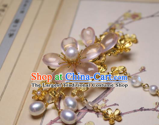Chinese Traditional Ancient Princess Sakura Hairpin Handmade Tang Dynasty Rose Quartz Hair Stick
