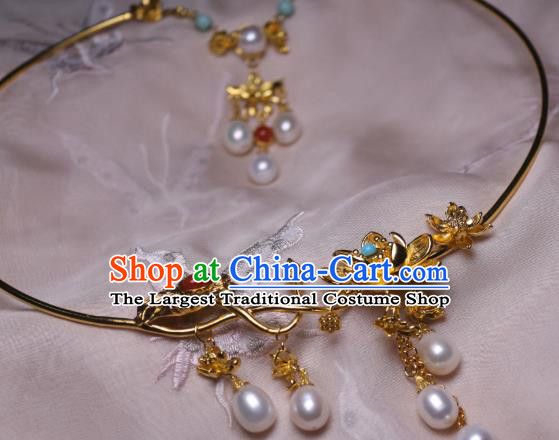 China Traditional Tang Dynasty Golden Lotus Necklet Accessories Handmade Hanfu Pearls Tassel Necklace