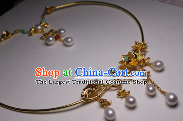 China Traditional Tang Dynasty Golden Lotus Necklet Accessories Handmade Hanfu Pearls Tassel Necklace