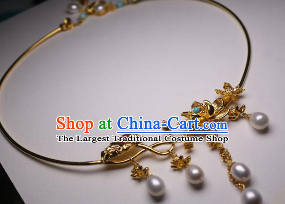 China Traditional Tang Dynasty Golden Lotus Necklet Accessories Handmade Hanfu Pearls Tassel Necklace