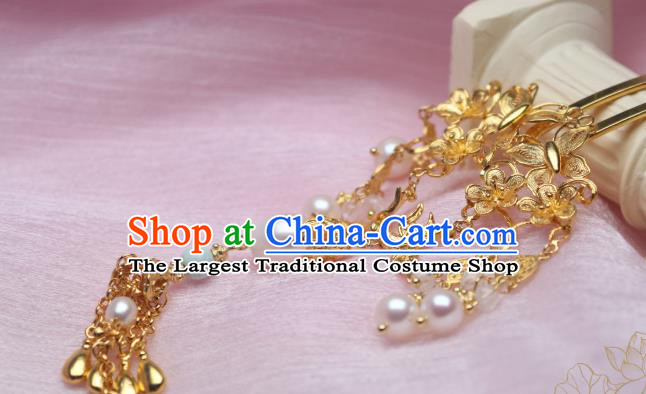Chinese Handmade Pearls Tassel Hair Stick Traditional Ancient Princess Golden Butterfly Hairpin