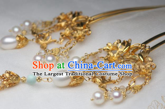 Chinese Handmade Pearls Tassel Hair Stick Traditional Ancient Princess Golden Butterfly Hairpin