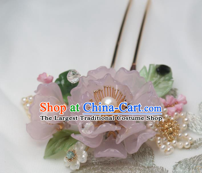 Chinese Handmade Pink Peony Hair Stick Traditional Ancient Princess Shell Pearls Hairpin