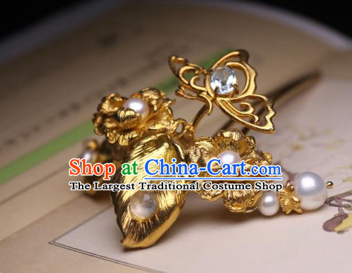 Chinese Handmade Golden Hibiscus Hair Stick Traditional Ancient Princess Pearls Hairpin