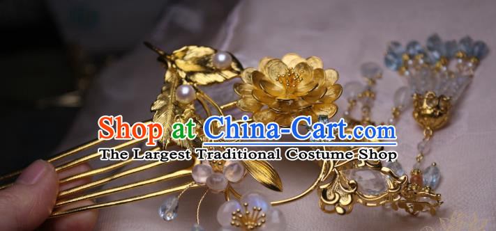 Chinese Handmade Tassel Hair Comb Traditional Ancient Princess Golden Lotus Hairpin