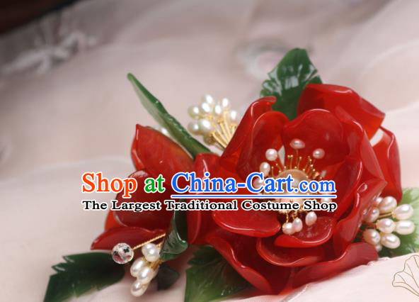 Chinese Handmade Red Camellia Hair Stick Traditional Ancient Princess Pearls Hairpin Hair Accessories