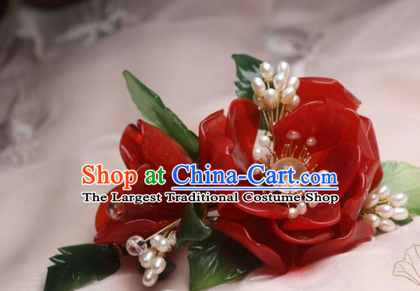 Chinese Handmade Red Camellia Hair Stick Traditional Ancient Princess Pearls Hairpin Hair Accessories
