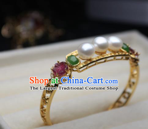China Traditional Qing Dynasty Tourmaline Pearls Bracelet Accessories Handmade Golden Bangle Jewelry