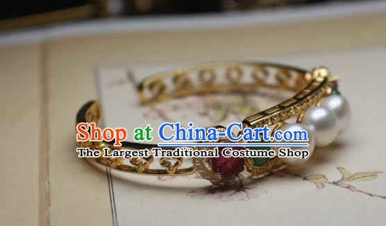 China Traditional Qing Dynasty Tourmaline Pearls Bracelet Accessories Handmade Golden Bangle Jewelry