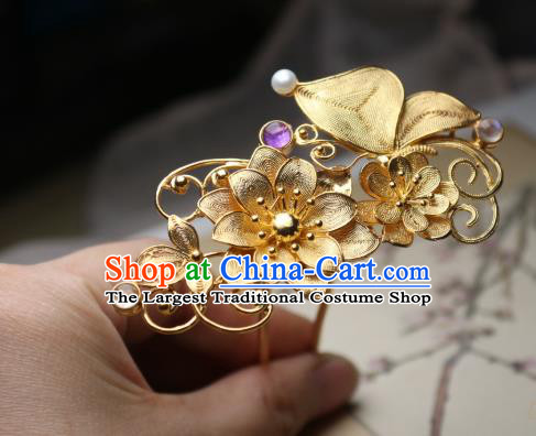 Chinese Handmade Golden Lotus Hair Stick Traditional Ancient Princess Amethyst Hairpin