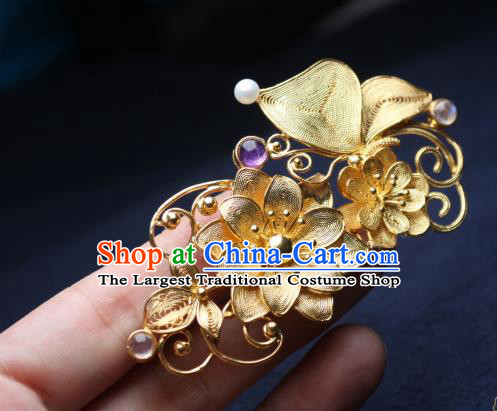 Chinese Handmade Golden Lotus Hair Stick Traditional Ancient Princess Amethyst Hairpin