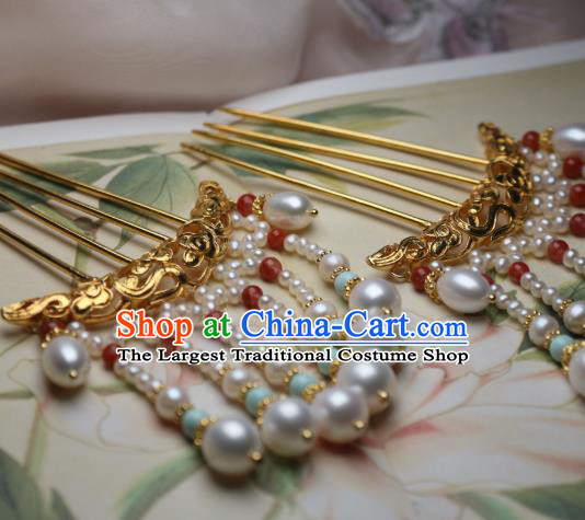 Chinese Handmade Ming Dynasty Golden Cloud Hair Stick Traditional Ancient Princess Pearls Tassel Hairpin