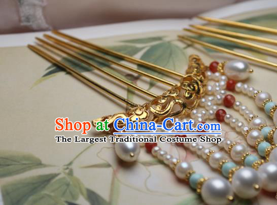 Chinese Handmade Ming Dynasty Golden Cloud Hair Stick Traditional Ancient Princess Pearls Tassel Hairpin