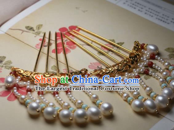 Chinese Handmade Ming Dynasty Golden Cloud Hair Stick Traditional Ancient Princess Pearls Tassel Hairpin