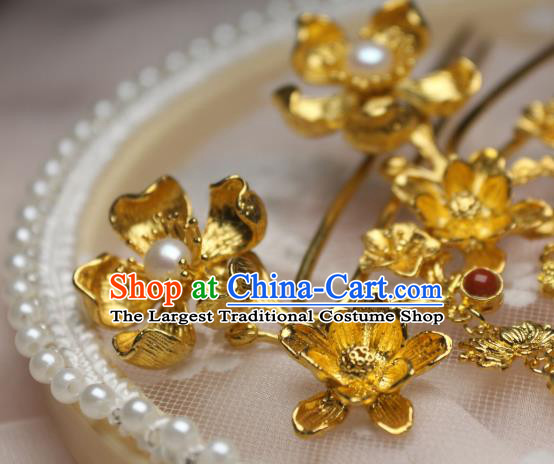 Chinese Handmade Tang Dynasty Pearls Tassel Hair Stick Traditional Ancient Princess Golden Lotus Hairpin