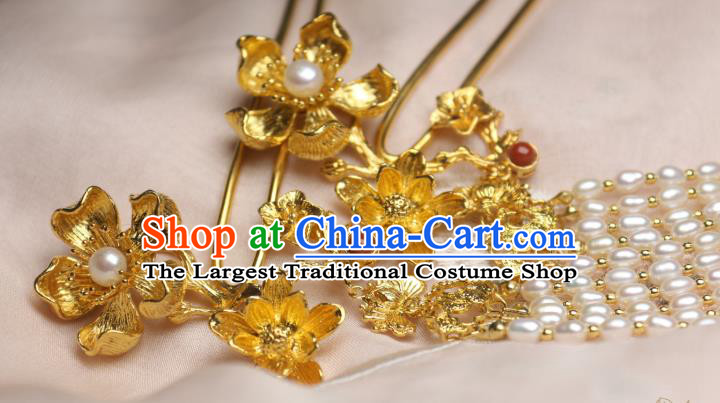 Chinese Handmade Tang Dynasty Pearls Tassel Hair Stick Traditional Ancient Princess Golden Lotus Hairpin