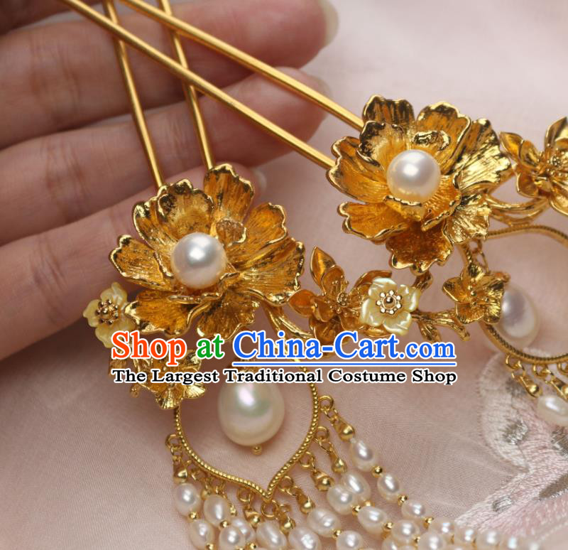 Chinese Traditional Ancient Princess Golden Peony Hairpin Handmade Tang Dynasty Pearls Tassel Hair Stick