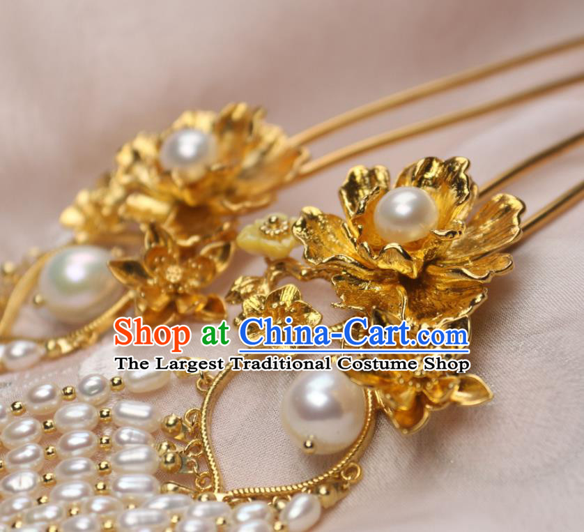 Chinese Traditional Ancient Princess Golden Peony Hairpin Handmade Tang Dynasty Pearls Tassel Hair Stick
