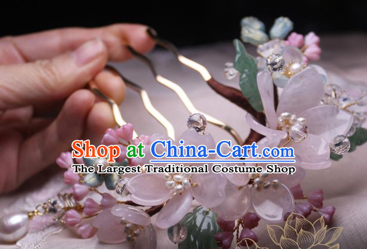 Chinese Handmade Sakura Hair Comb Traditional Ancient Princess Rose Quartz Hairpin Headwear