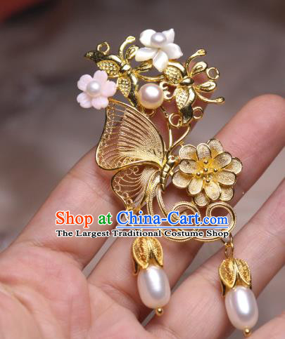 Chinese Handmade Golden Butterfly Hair Stick Traditional Ancient Princess Shell Flower Hairpin