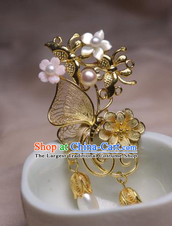 Chinese Handmade Golden Butterfly Hair Stick Traditional Ancient Princess Shell Flower Hairpin