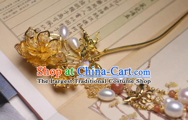 Chinese Handmade Pearls Tassel Hair Stick Traditional Ancient Princess Golden Peach Blossom Hairpin
