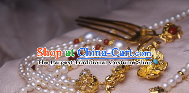 Chinese Handmade Golden Lotus Hair Comb Traditional Ancient Princess Pearls Tassel Hairpin Headwear
