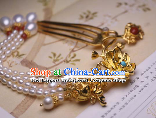 Chinese Handmade Golden Lotus Hair Comb Traditional Ancient Princess Pearls Tassel Hairpin Headwear