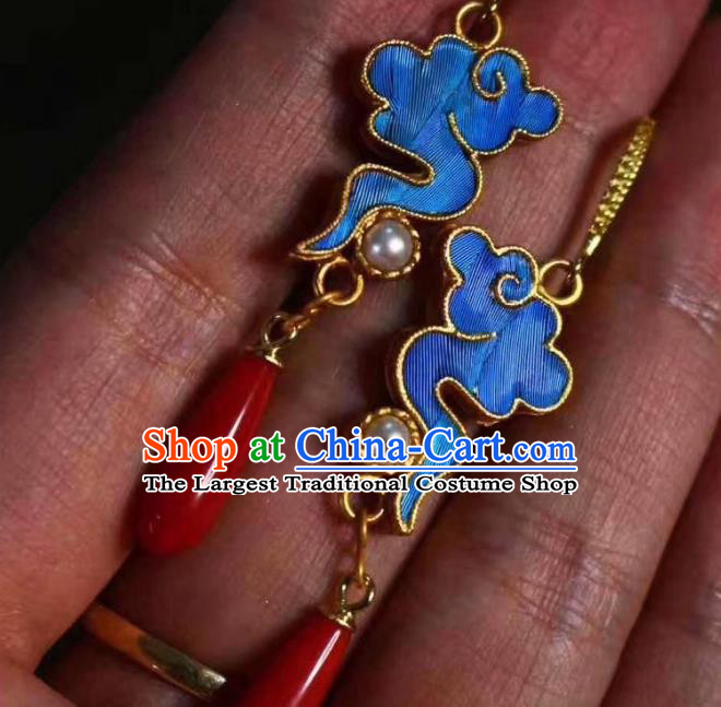 China Traditional Cheongsam Blue Cloud Earrings Classical Pearl Agate Ear Jewelry