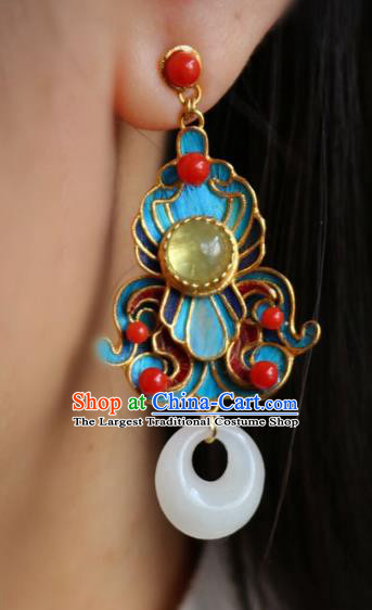 China Traditional Cheongsam White Jade Earrings Classical Chalcedony Ear Jewelry