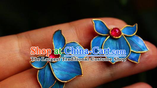 China Classical Garnet Ear Jewelry Traditional Cheongsam Blue Orchids Earrings