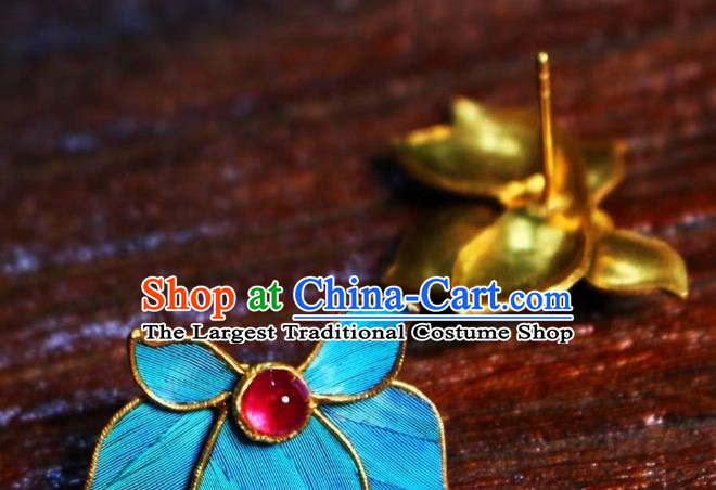 China Classical Garnet Ear Jewelry Traditional Cheongsam Blue Orchids Earrings