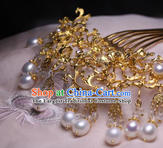 Chinese Handmade Tang Dynasty Queen Hair Comb Traditional Ancient Empress Pearls Hairpin
