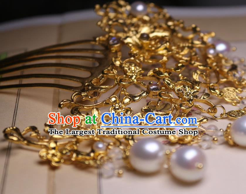 Chinese Handmade Tang Dynasty Queen Hair Comb Traditional Ancient Empress Pearls Hairpin
