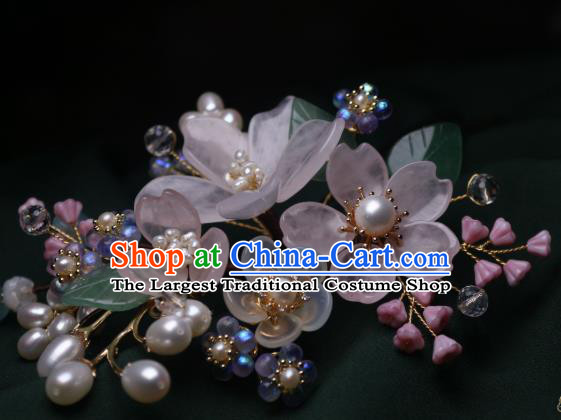 Chinese Handmade Ming Dynasty Pearls Hair Stick Traditional Ancient Princess Pink Begonia Hairpin