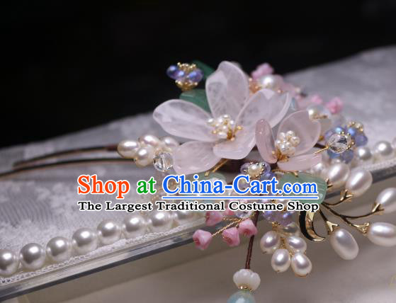 Chinese Handmade Ming Dynasty Pearls Hair Stick Traditional Ancient Princess Pink Begonia Hairpin