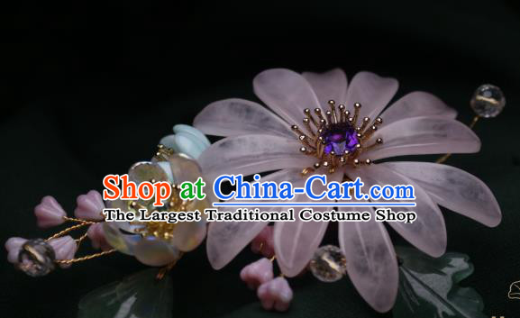 Chinese Handmade Amethyst Hair Stick Traditional Ancient Princess Pink Chrysanthemum Hairpin Headpiece