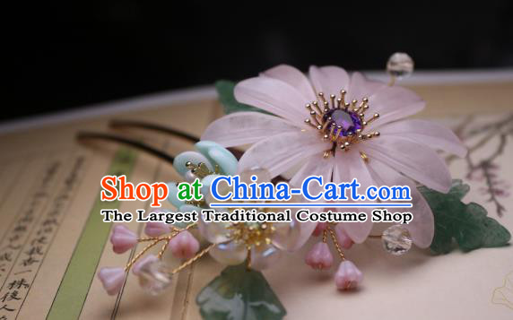 Chinese Handmade Amethyst Hair Stick Traditional Ancient Princess Pink Chrysanthemum Hairpin Headpiece