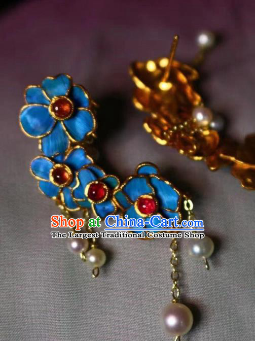 China Classical Tourmaline Ear Jewelry Traditional Cheongsam Pearls Tassel Earrings