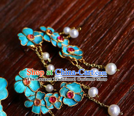 China Classical Tourmaline Ear Jewelry Traditional Cheongsam Pearls Tassel Earrings