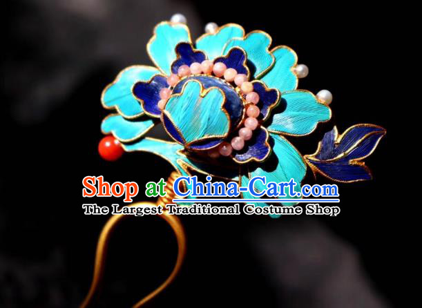 Chinese Handmade Qing Dynasty Blueing Hair Stick Traditional Ancient Imperial Consort Tourmaline Beads Hairpin