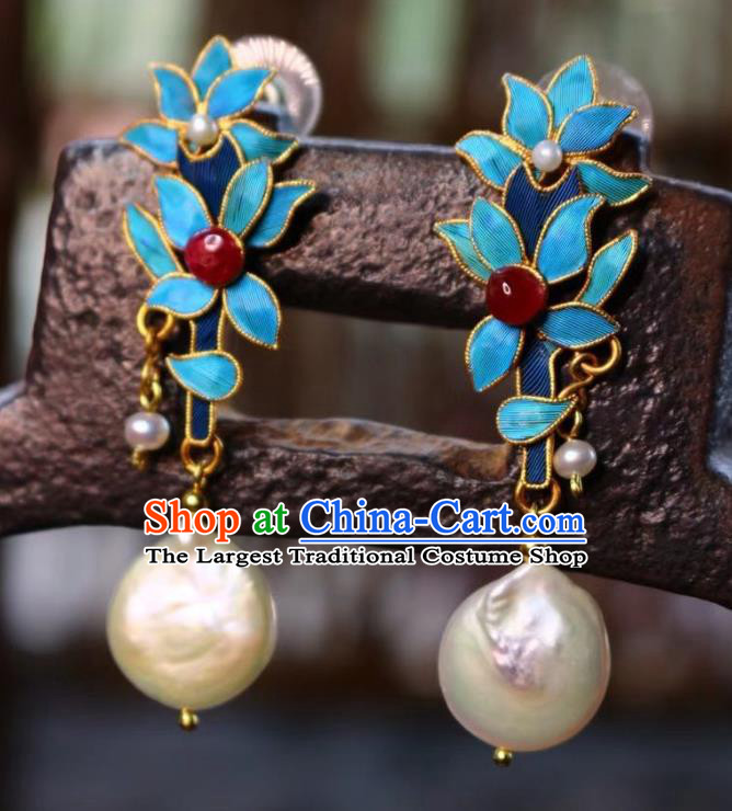 China Classical Bamboo Leaf Ear Jewelry Traditional Cheongsam Tourmaline Pearl Earrings